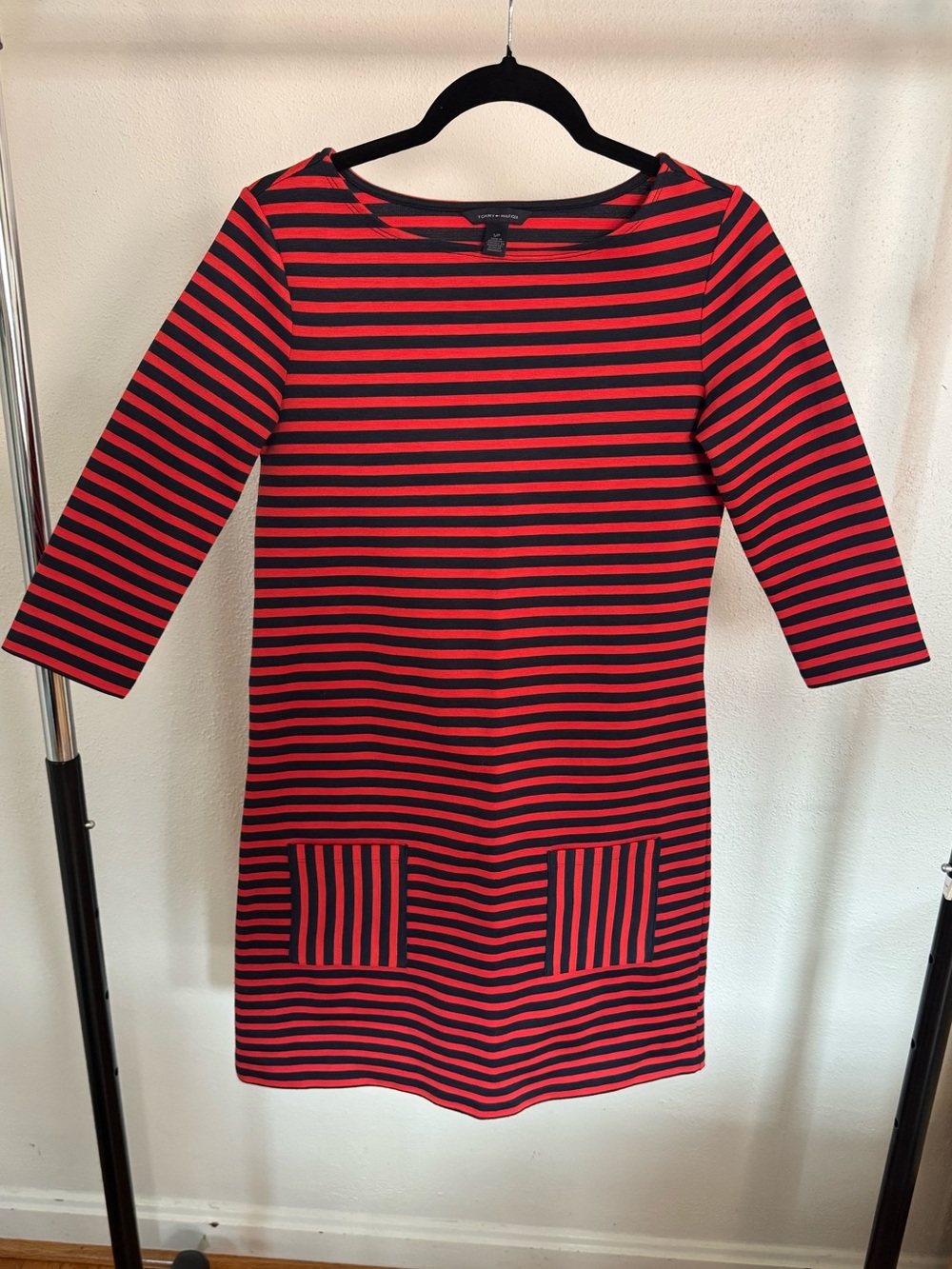 Tommy Hilfiger Red and Navy Striped Long Sleeve Shift Dress